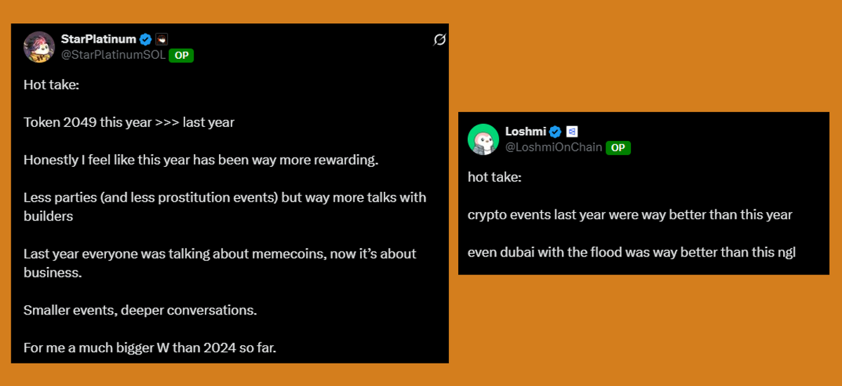 2 KOLs.
2 Hot takes.
1 Token2049.

Same event - Different Vibes.

Which take are you on?