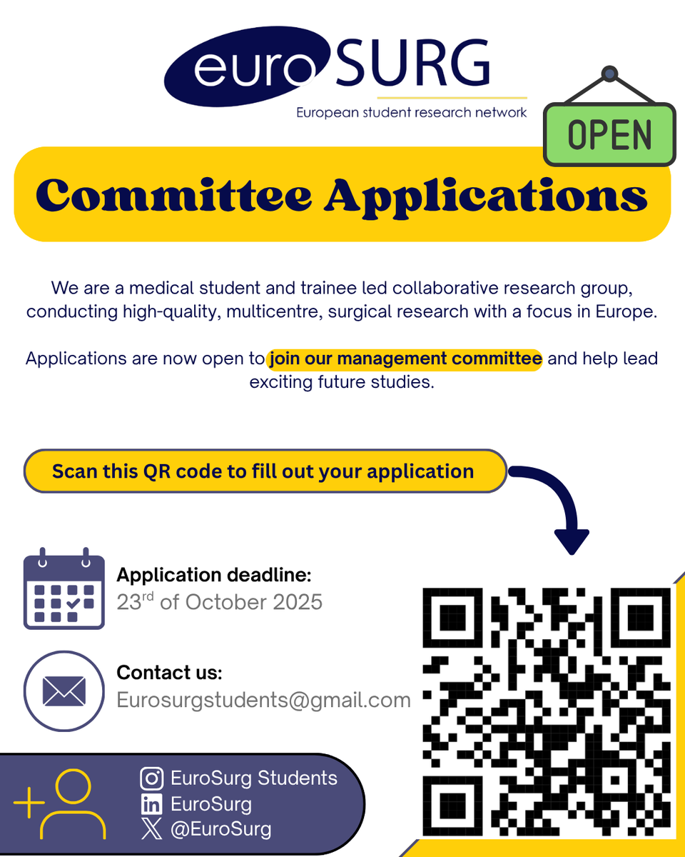 EuroSurg's tweet photo. EuroSurg Committee Applications are OPEN

🌐 Are you keen to learn how to conduct high-quality surgical research
🌐 Are you eager and enthusiastic to contribute to upcoming studies
🌐 Are you a medical student or resident doctor

Scan the QR code in the post to apply!! https://t.co/TXRhlC0NRB