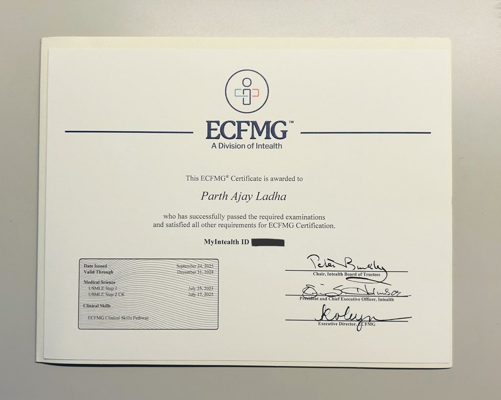 ladha_parth's tweet image. After Infinite UW Q, late nights, self-doubt, documentation hurdles and exams that went way beyond my goldfish-like attention span…finally ECFMG certified! Feels strange to celebrate a certificate, but hey, this one cost me my early 20s and social life, so I’ll take it.#ERAS2026