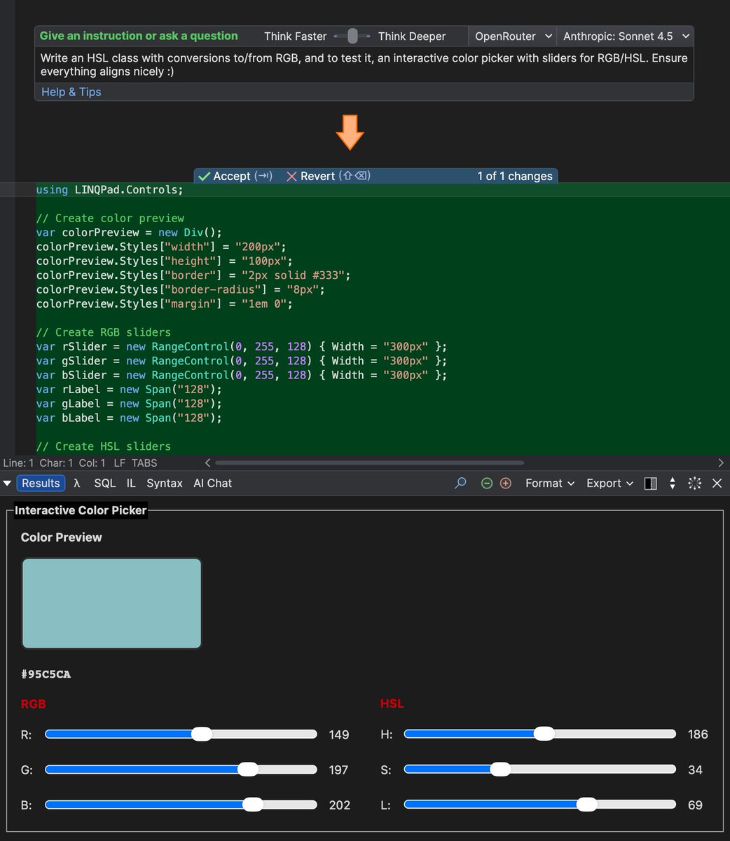 linqpad's tweet image. Sonnet 4.5 is out! Don&apos;t wait for Copilot to catch up: Use this awesome new model right now in LINQPad 9. Every high-end reasoning model at your disposal, with no subscription required! Pictured running on macOS. linqpad.net/linqpad9.aspx