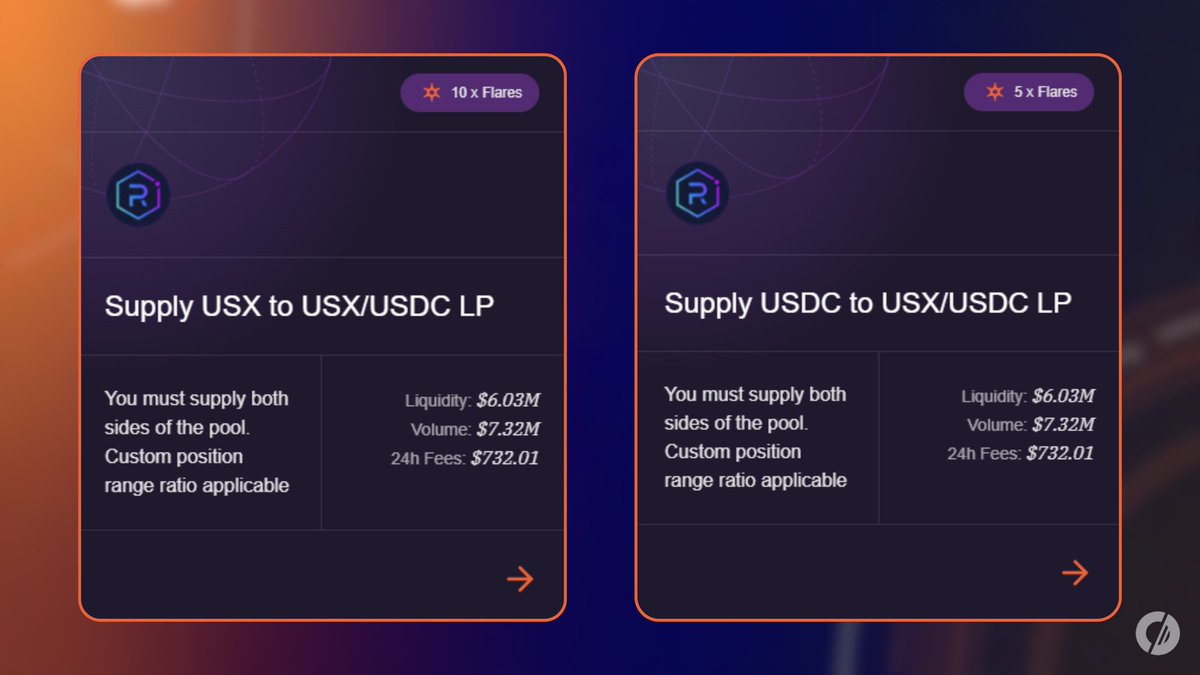 DAY 2 Posting on <a href="/solsticefi/">Solstice</a> x <a href="/xeetdotai/">xeet</a>
Solstice currently offers some of the best stablecoin strategies 🚀
➡️ Provide LPs on @RaydiumProtocol using $USX, $USDC, and $eUSX to earn Flares multipliers:
➡️5X multiplier on $USDC
➡️10X multiplier on $USX
➡️2X multiplier on $eUSX