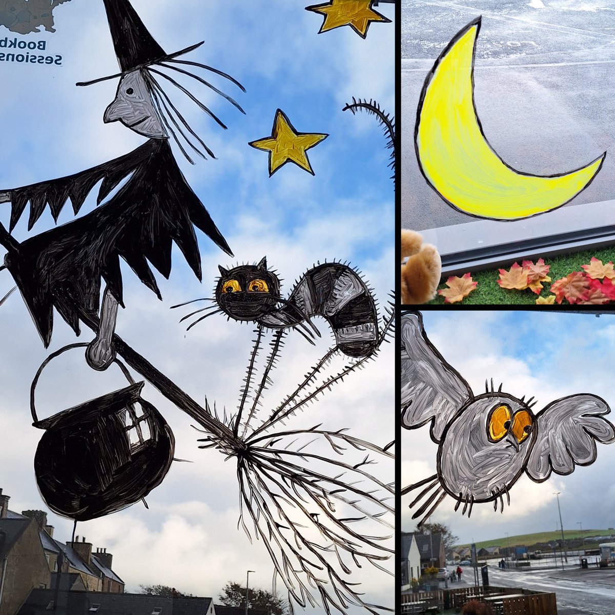 If you go down to Stromness Library today, you can see Stephanie's superbly spooktacular window painting of Meg and Mog, from the brilliant books by Helen Nicoll and Jan Pieńkowski. 🧙‍♀️🐈‍⬛️🦉🧹🌙

#LoveLibraries #Halloween