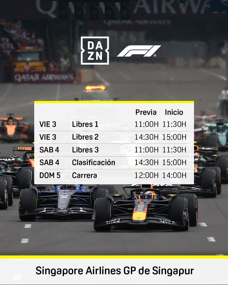 📝 Si hay algún despistado aquí van los horarios de esta decimoctava carrera de la temporada de Formula 1 2025 # GRAN PREMIO DE SINGAPUR
(Marina Bay) #SingaporeGP #SingapurDAZNF1🇸🇬