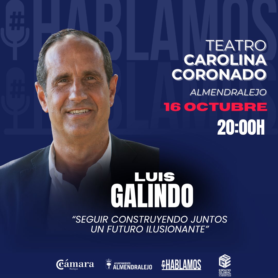 Nuevo encuentro #HABLAMOS con Luis Galindo en Almendralejo 🔝🔝
La entrada será gratuita, previa inscripción en 🔗 almendralejo.es/ver_tpv_activi…
<a href="/AlcaldiaAlm/">Ayuntamiento Almendralejo</a>
