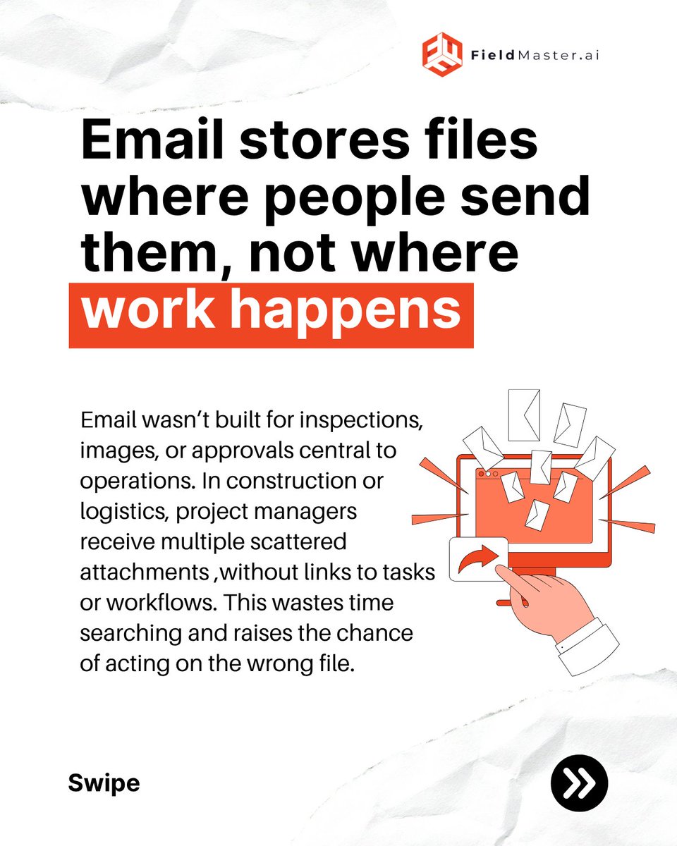 fieldmaster_ai's tweet image. Is email slowing your workflow? Scattered files lead to delays and outdated decisions. Switch to centralized file management for real-time updates and smoother operations!
Get started: fieldmaster.ai/contact-us
#BusinessEfficiency #FileSharing #OperationsTech #WorkflowOptimization