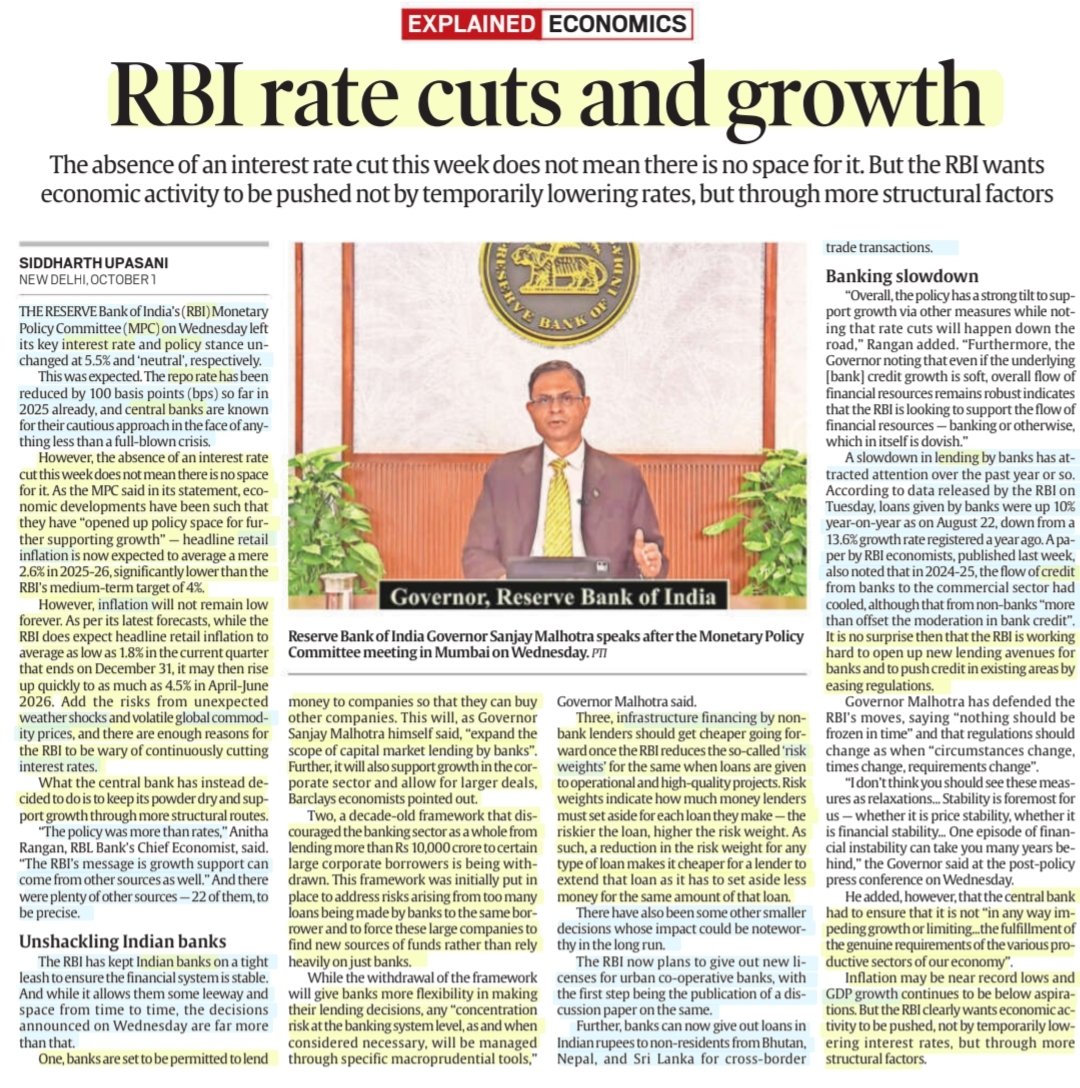 imRavikantYadav's tweet image. RBI rate cuts &amp;amp; growth

:An Informative article by Siddharth Upasani
@SiddharthUbiWan

#RBI #rbipolicy #MPC
#InterestRate #RepoRate
#RateCuts #GDP #gdpgrowth
#Inflation #Indian #banks
#RiskWeights #Lending #Credit 
#Economics
#Economy 

#UPSC 

Source: IE