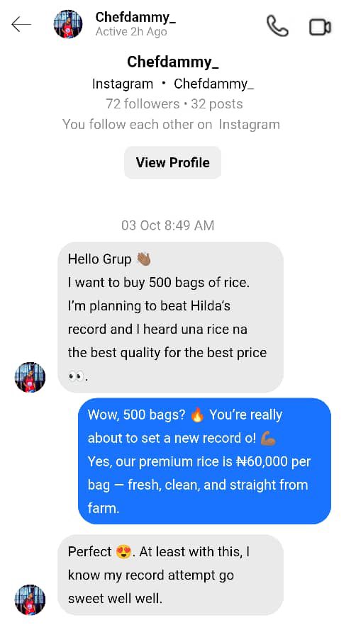 GrupNg's tweet image. &quot;Allegedly o… Chef Dammy slid into our DMs asking for 500 bags of rice 😅. If this record attempt goes down, na Grup rice go power am! 🍚💪 #GrupMarket #Allegedly&quot;