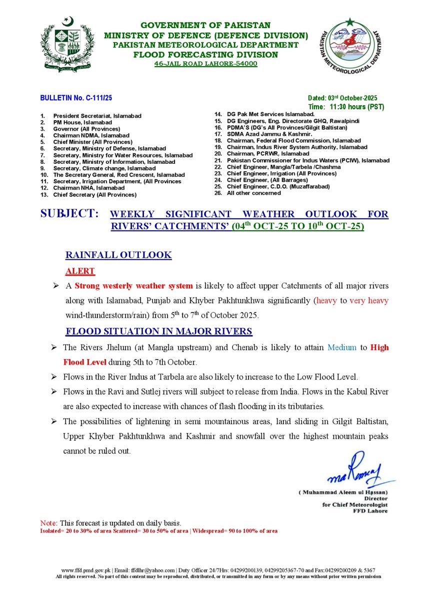 pmdgov's tweet photo. River Situation and Flood Forecast 03 October, 2025     
#PakistanWeather #FloodForecast #FFDUpdates #WeatherUpdatePK #PMDAlert #DailyWeatherPK #RainfallUpdatePK #FloodSituation #RiverMonitoringPK #RiverCatchment #FloodLevelUpdate #WeatherWatch #MeteorologicalUpdate #PMD https://t.co/Wx8h5dWBiX