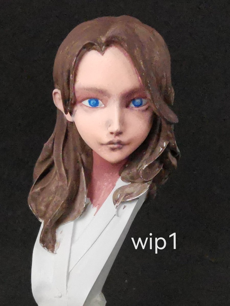 #左手工房　
華山 梅子
wip1 色味確認、
前髪に隠れる左目が少し真ん中に寄ってる、か。
少し塗ってみて、キツネ顔かなと思うので、それっぽく塗っていければ。
