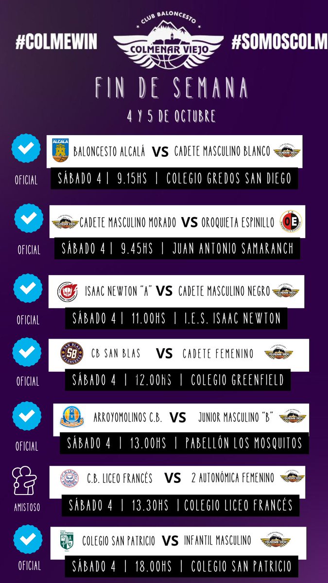 CBCOLMENAR's tweet photo. 📅 Finde cargado de basket

Nuestros Cadetes, Infantiles y Autonómicas entran en acción.

🔥 Además, amistoso del 2ª Autonómica Femenino 

💜 ¡A por todas! 🏀

#ColmeWin #SomosColmenar #FuerzaNegra https://t.co/UfI97mGj46