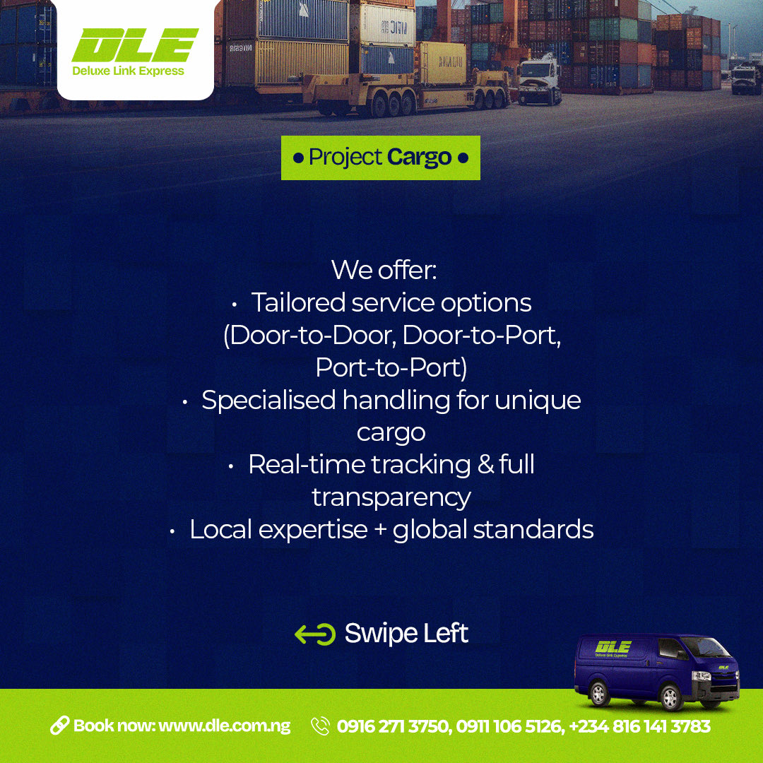 DLE_Nigeria's tweet photo. Big cargo? No problem.
With DLE’s Cargo service, we move your heavy & oversized shipments securely, across Nigeria and worldwide.
👉 Trust us with the big moves.
#ProjectCargo #ShipWithDLE #HeavyCargo Faith. Nigeria. GM CT. https://t.co/zODN6qKKJO