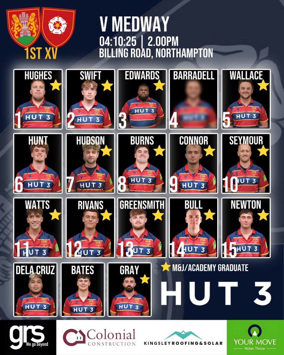 Back at HQ!

The 1s are back at Billing Road tomorrow as they host newly promoted <a href="/MedwayRFC/">Medway RFC</a> in the league.

Here is your side looking to get their first win of the season.

Let’s go boys

🔴🟡🔵