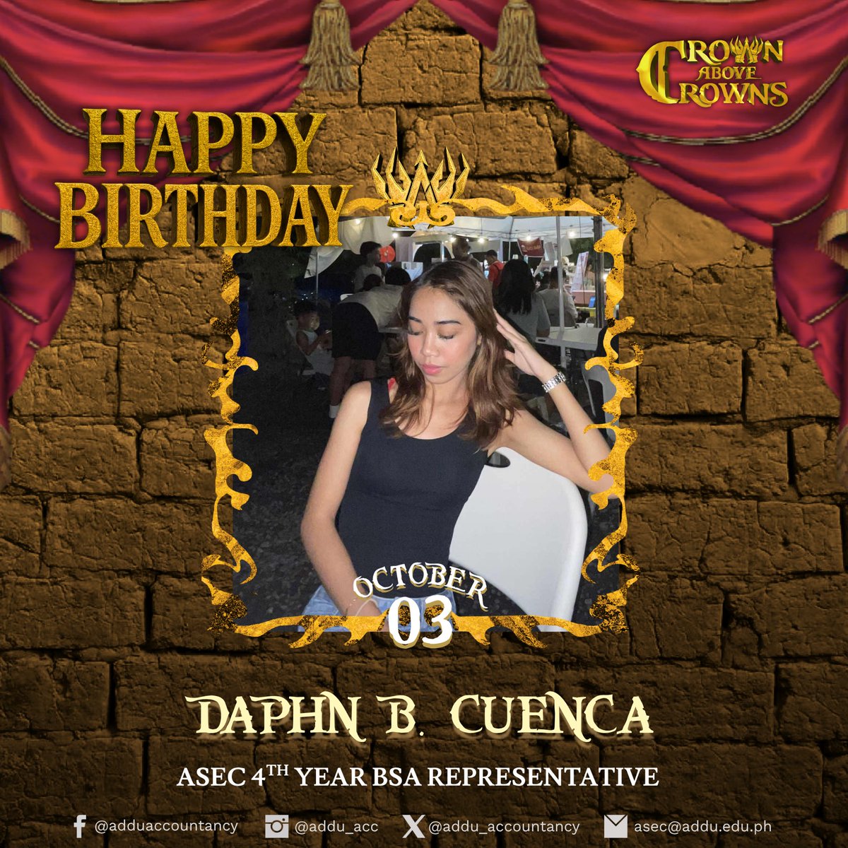 𝐂𝐞𝐥𝐞𝐛𝐫𝐚𝐭𝐢𝐧𝐠 𝐲𝐨𝐮, 𝐃𝐚𝐩𝐡𝐧! 🎂🎊

ASEC wishes a happy birthday to our 𝟰𝘁𝗵 𝗬𝗲𝗮𝗿 𝗕𝗦 𝗔𝗰𝗰𝗼𝘂𝗻𝘁𝗮𝗻𝗰𝘆 𝗥𝗲𝗽𝗿𝗲𝘀𝗲𝗻𝘁𝗮𝘁𝗶𝘃𝗲, 𝗗𝗮𝗽𝗵𝗻 𝗖𝘂𝗲𝗻𝗰𝗮! 

Cheers to another year of living! 🥂