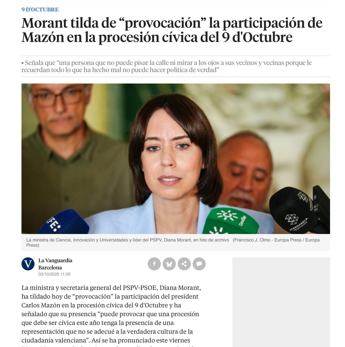 Ayer mandó a su secretario de organización para que arremetiera contra la presencia del President en los actos del 9 d’octubre. 
Hoy sale ella misma a calentar el ambiente.
Mañana otro miembro del PSPV se ocupará, seguro.
De verdad ¿qué quieren provocar?