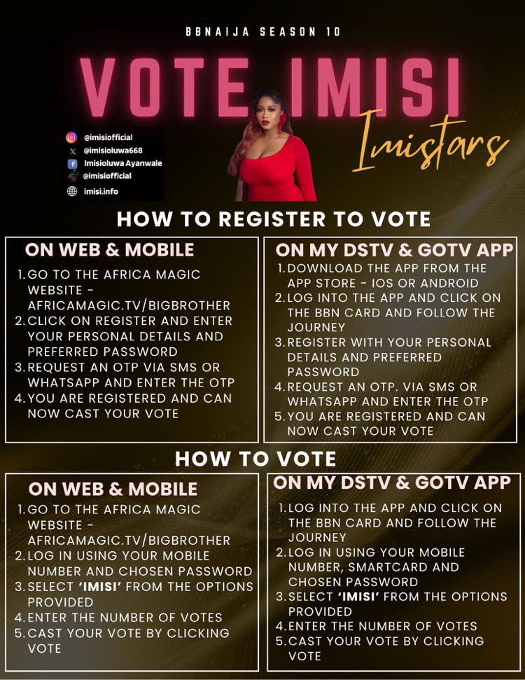 13fxiii's tweet image. URGENT CALL TO ALL BCC MEMBERS‼️

Let us go and vote for Imisi NOW to keep her in the game! Check the voting instructions in the image and use all your free votes via DStv/GOtv app or the website. Don’t delay—ASAPU‼️
@imisioluwa668 ❤️💯
#ImisiAyanwale 
#BBNaija 
#FXIII〽️