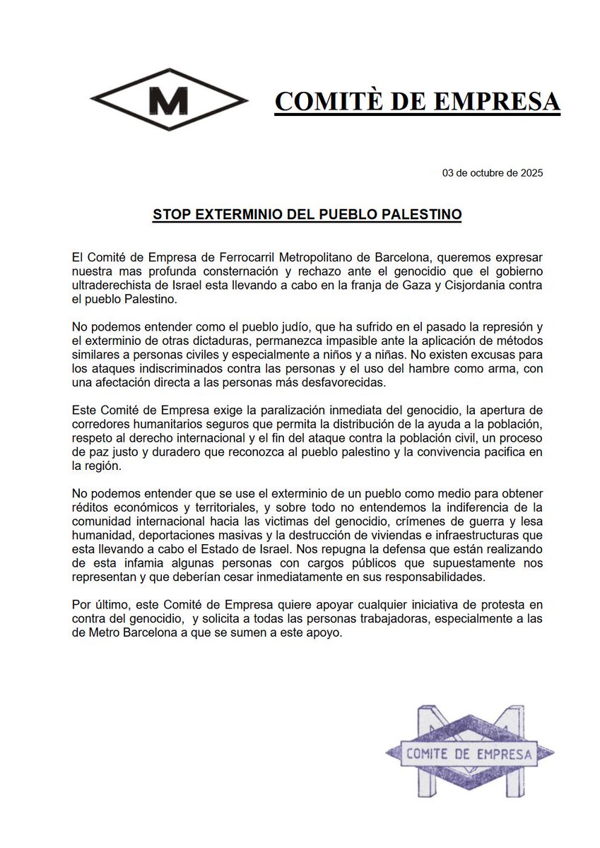 A petición de la sección sindical de UGT-Metro, el Comité de Empresa de FMB hemos realizado un escrito de condena del GENOCIDIO que esta sufriendo el pueblo Palestino.