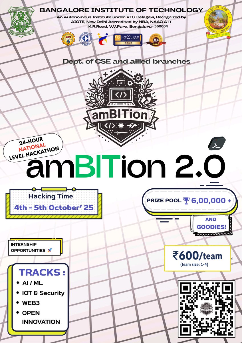 hackamBITion's tweet photo. โณ Only 1 day to go until #amBITion_v2 begins! ๐
Gear up for 24 hours of innovation, creativity & unstoppable energy ๐กโก
๐
4-5 October 2025
๐ Bangalore Institute of Technology
#24hrhackathon #bangalore #aiml
#openinnovation #iot #web3 #bit https://t.co/7Fgy5mG1kJ
