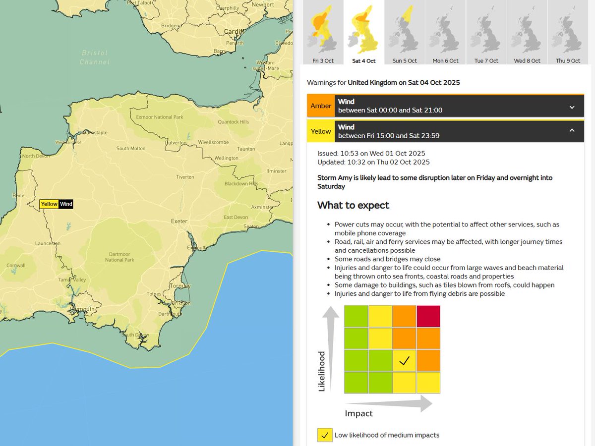 #Devon 10:44 03/10/25 The Met Office have issued a yellow weather warning for wind from 15:00 today until 23:59 on Saturday 4th October. This warning covers the whole of Devon. JC <a href="/BBCDevon/">BBC Devon</a> <a href="/StagecoachSW/">Stagecoach SouthWest</a>