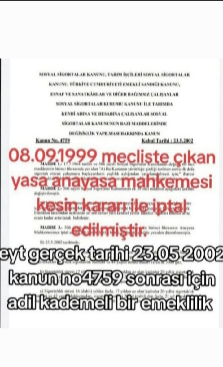 Eytyi eksik çıkardınız.Eyt23.11.2001de iptal edildi. 23.5.2002de yürürlüğe girdi.3yıldır anayasal hakkımız verilmedi.9.9.99ile23.5.2002ye kadar eytye dahil edilmeli.24.5.2002sonrası kademe başlamalı
<a href="/RTErdogan/">Recep Tayyip Erdoğan</a> 
<a href="/Akparti/">AK Parti</a> 
<a href="/herkesicinCHP/">CHP 🇹🇷</a> 
<a href="/MHP_Bilgi/">MHP</a> 
<a href="/iyiparti/">İYİ Parti</a> 
<a href="/rprefahpartisi/">Yeniden Refah Partisi</a>