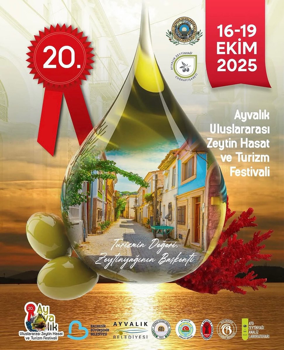 20. Ayvalık Uluslararası Zeytin Hasat ve Turizm Festivali! 📷📷
Doğanın, tarihin ve lezzetin kalbinde Ayvalık sizleri bekliyor.
16–19 Ekim 2025 tarihleri arasında, “Turizmin Değeri, Zeytinyağının Başkenti” Ayvalık’ta buluşalım! 📷📷
#Ayvalık #Zeytinyağı #Festival #Türkiye #Turizm