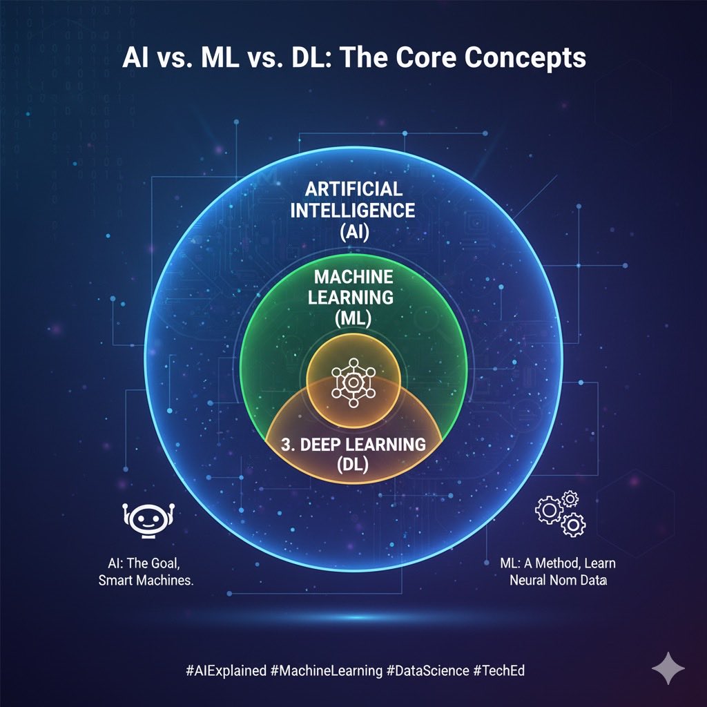 AliAlkhuzaee_'s tweet image. Stop confusing AI, ML, and DL! 🛑 They&apos;re related, but not the same.
Think of them like nested dolls:
• 1. 🤖 AI (Artificial Intelligence): The biggest doll. The broad goal of making machines smart.

#AIExplained #MachineLearning #DeepLearning #DataScience #TechConcepts