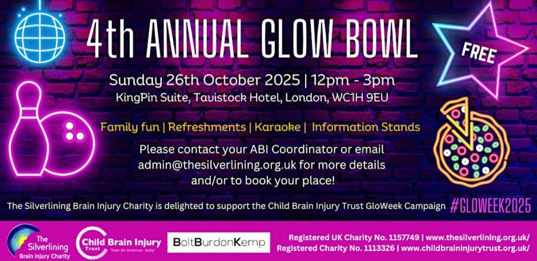 SilverTweeters's tweet image. Our Fourth Annual Glow Bowl in collaboration with @cbituk is on Sunday 26th October!

For more info &amp;amp; free ticket(s):
eventbrite.co.uk/e/4th-annual-g…

🤗 We look forward to welcoming everyone!

#ChildBrainInjuryTrust
#CBIT #GloWeek
#TheSilverliningBrainInjuryCharity
#BrainInjurySupport