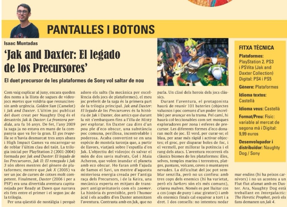 Isaac Muntadas (@isaacmp16) on Twitter photo (26-09-2025) Pantalles i Botons (27) 'Jak and Daxter: El legado de los Precursores': El duet precursor de les plataformes de Sony vol saltar de nou. (26-09-2025) Pantalles i Botons (27) 'Jak and Daxter: El legado de los Precursores': El duet precursor de les plataformes de Sony vol saltar de nou.
