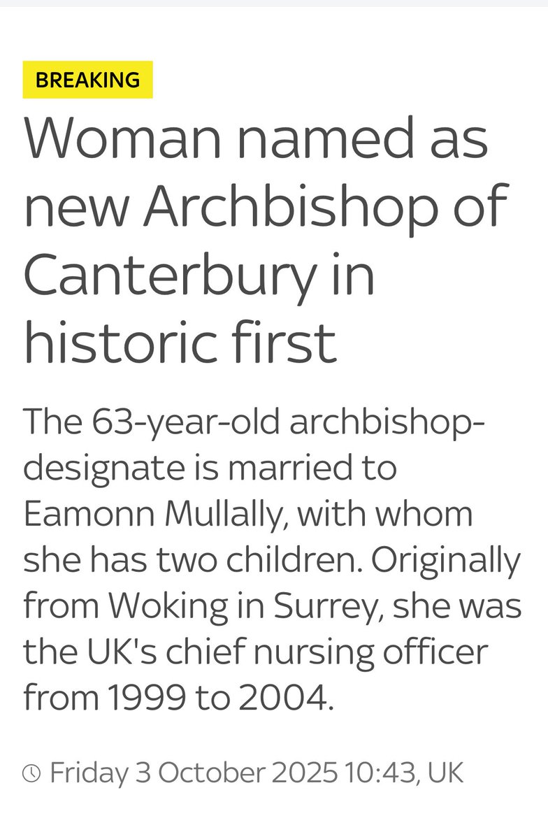 Dame Sarah Mullally makes history as the first female Archbishop of Canterbury and the Sky news headline fails to name her but it’s ok, her husband is named instead 🙄.
Congratulations Sarah #trailblazer