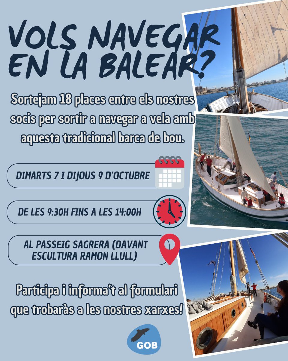 ⛵️SORTEIG pels SOCIS del GOB: navega a La Balear! Disposam de 18 places els dies 7 i 9 d'octubre. 

💻Si vols gaudir d'un dia de navegació a vela amb aquesta barca de bou tradicional, apunta't abans de dilluns al formulari, on trobaràs més informació: forms.gle/6MtR8mBQGUS1Ji…