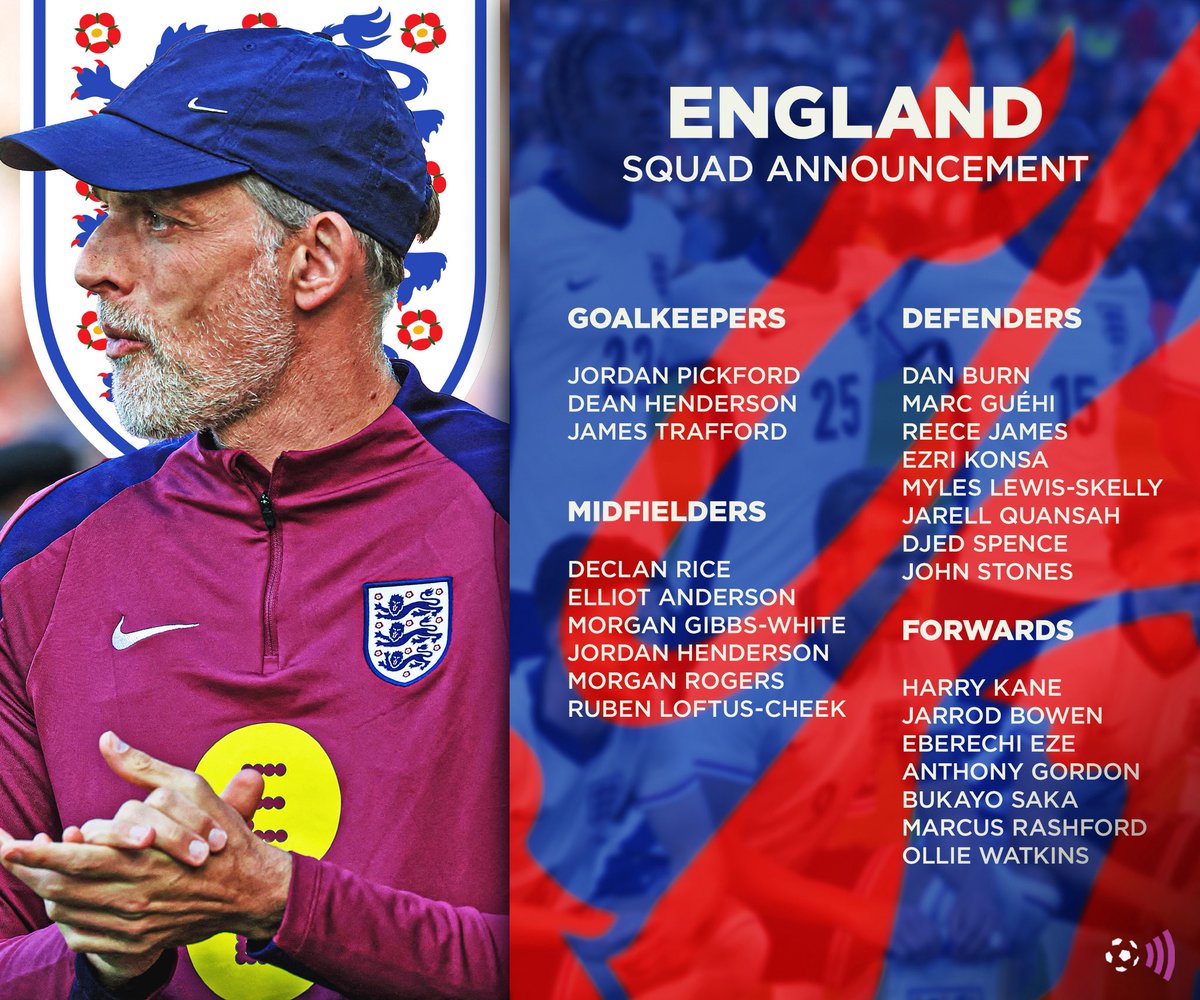 Thomas Tuchel’s latest England squad is in 🏴󠁧󠁢󠁥󠁮󠁧󠁿🦁

What changes would you make? 🤔