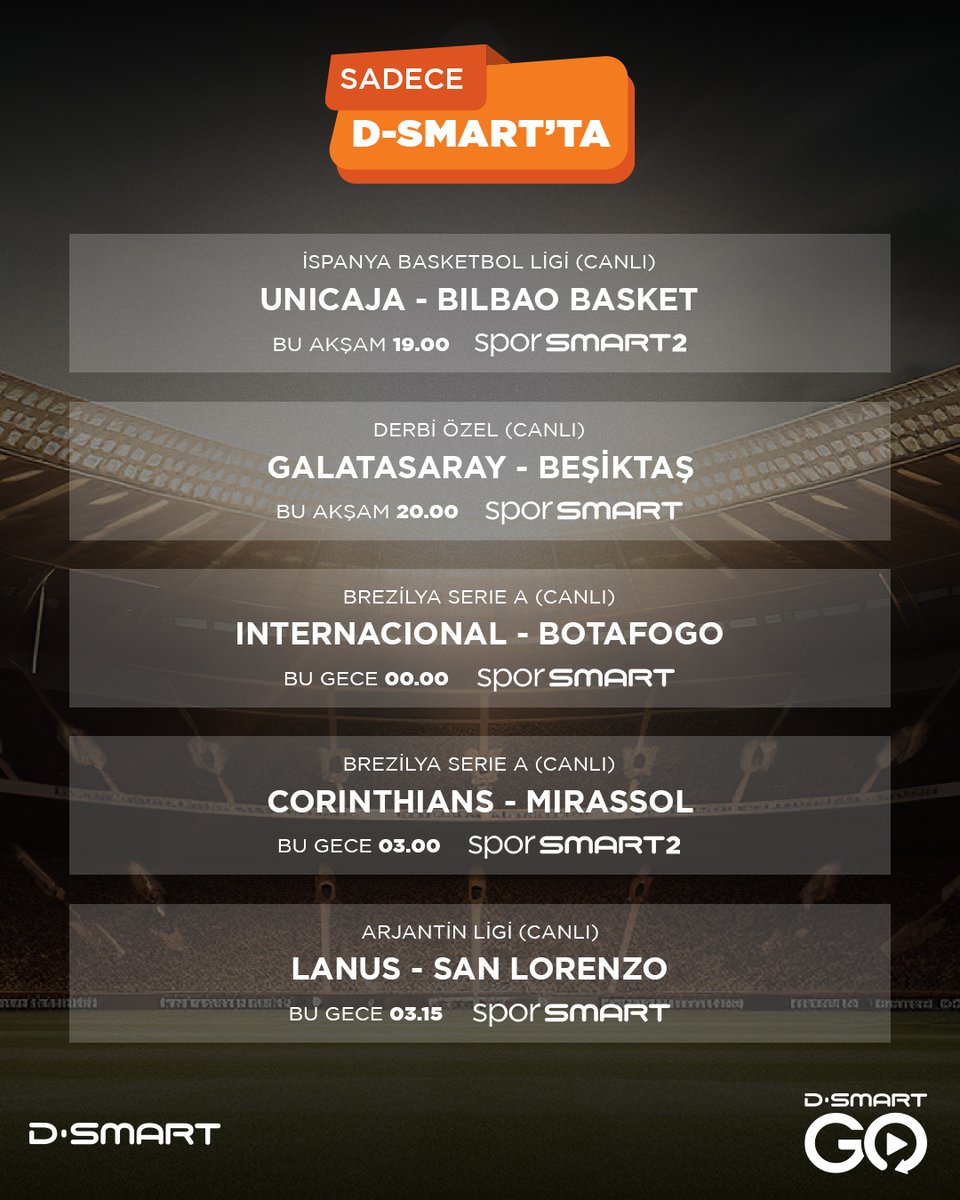 🔥 Futbol ve basketbol şöleni bu gece ekranlarda!

İspanya’dan Arjantin’e, Brezilya’dan Türkiye’ye dünyanın dört bir yanından dev karşılaşmalar #DSmart ve #DSmartGO'da seni bekliyor!