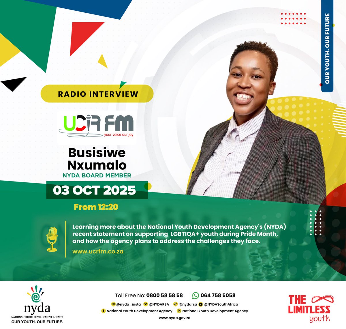 NYDARSA's tweet image. Tune in to UCR FM today at 12:20pm as NYDA Board Member, Busisiwe Nxumalo joins live on air.

The radio interview will unpack NYDA’s recent statement on supporting LGBTIQA+ youth during #PrideMonth and how the Agency is working to address the challenges they face.

More info: