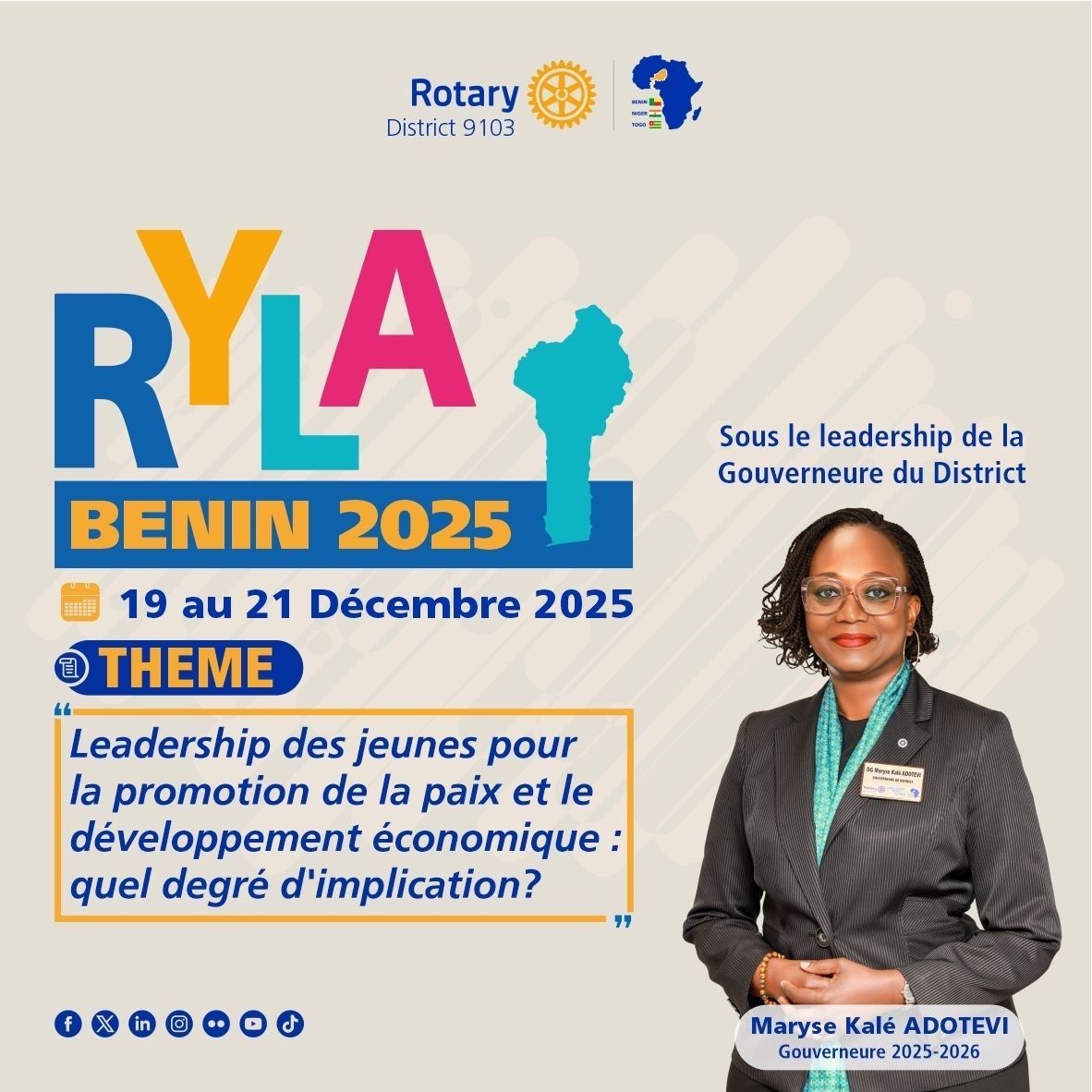 🥳 Le RYLA Bénin 2025 est de retour !
📅 19-21 déc.
3 jours pour développer ton leadership 💡, créer des amitiés 🌍 et vivre une expérience inoubliable 🇧🇯

#RYLA2025 #District9103 #UnisPourFaireLeBien #RotaryInternational