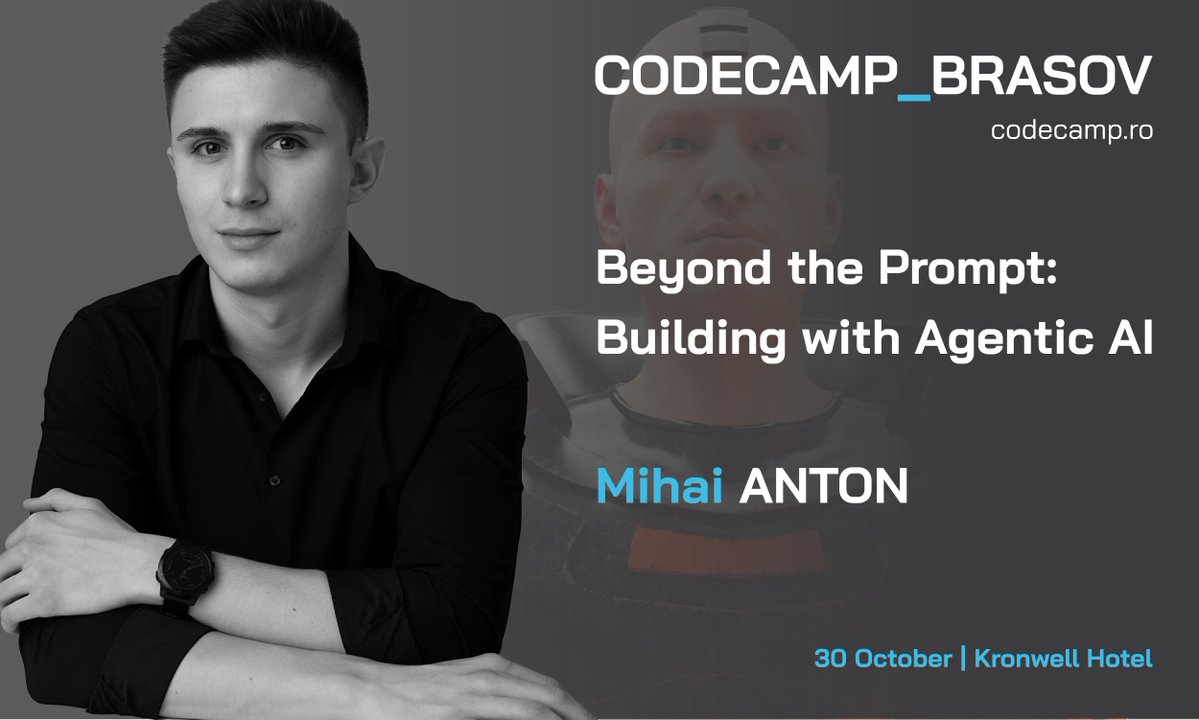 Codecampro's tweet image. Stop typing prompts. Start building workflows! Join Mihai Anton at Codecamp_Brasov to explore the current state of the art in Agentic AI and see exactly how autonomous systems reason, fail, and recover in a live coding demo: codecamp.ro/conferences/co….