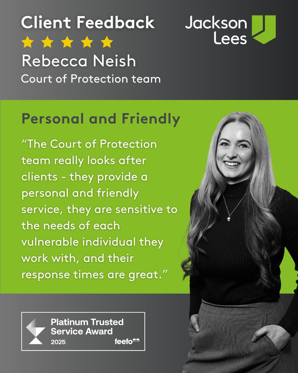💚Our Court of Protection team is praised for their personal, friendly service and sensitivity to each vulnerable client’s needs. “Response times are great!”👏

Need support with Court of Protection matters? We’re here to help: ow.ly/xebo50WMT0y
#FeedbackFriday #JacksonLees