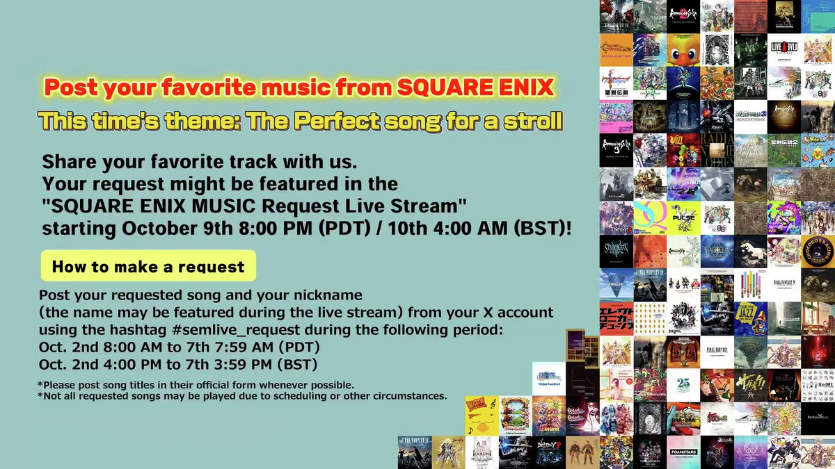 ／
📢リクエスト募集：お散歩にぴったりな楽曲
＼

10月10日(金)よりライブ配信予定の『SQUARE ENIX MUSIC Request Live Stream🎮』で流してほしいスクエニ楽曲を事前募集します！
リクエストされた楽曲はライブ配信中に流れるかも…！？

📍ライブ配信先
youtube.com/live/jyFRQzzHr…