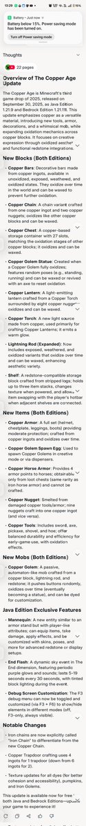 Bowling_2211's tweet image. I asked @grok what are the new features in #Minecraft&apos;s latest update, The Copper Age, using #Grok4fast