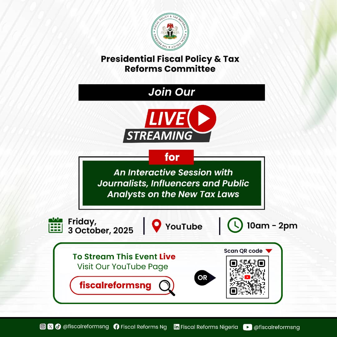 fiscalreformsng's tweet photo. An interactive session with Journalists, Influencers, and Public Analysts on the New Tax Laws.
#TaxReformsLaws #TaxReform #FiscalPolicy #NewTaxLaw #NigeriaEconomy #PublicEngagement #InclusiveGrowth #TaxForDevelopment #BuildingANewNigeria https://t.co/IrNIEtLMkr