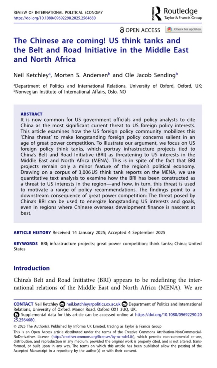 Kuşak-Yol Girişimi bağlamında ABD’li düşünce kuruluşlarınca yaratılan “Çin tehdidi”nin gerçekliğini Orta Doğu-Kuzey Afrika üzerinden sorgulayan bir inceleme. 

tandfonline.com/doi/full/10.10…