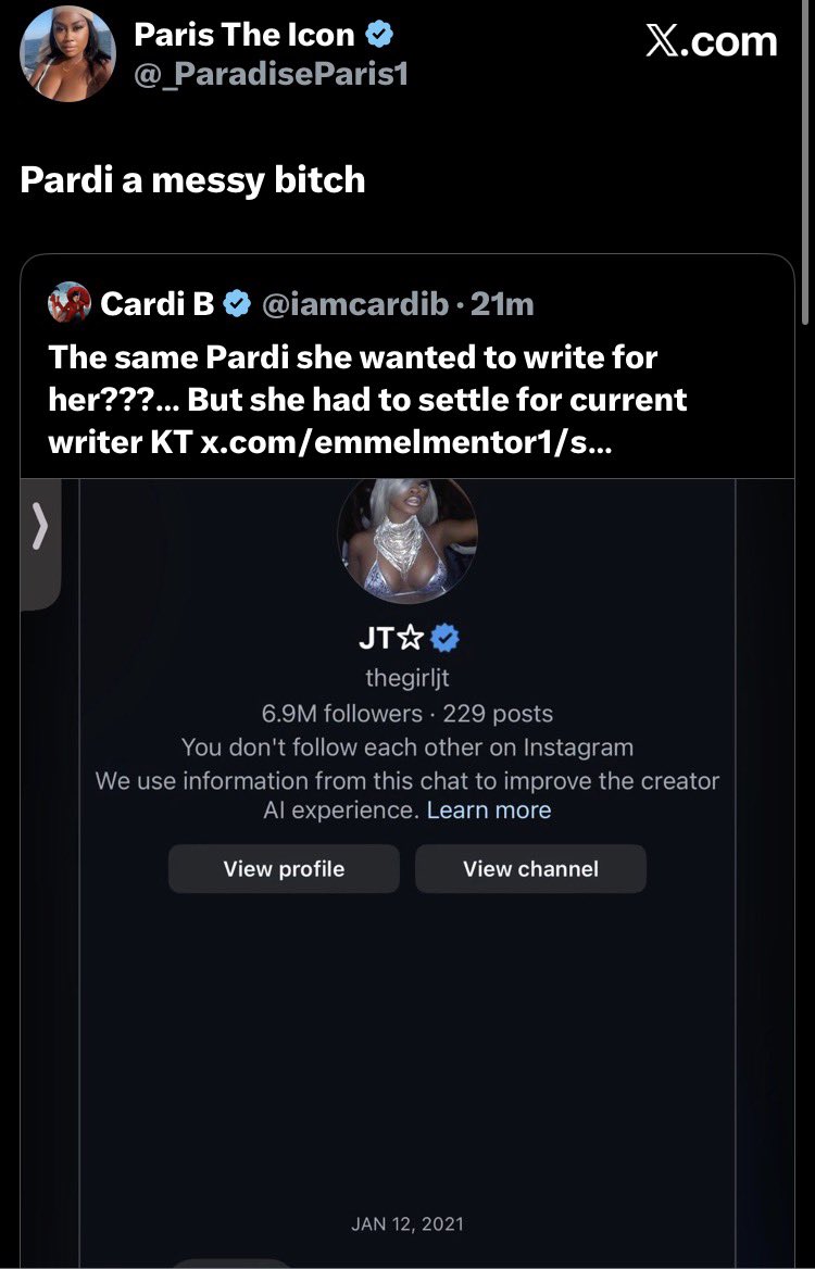 How is Pardison messy when he got mentioned by JT many times unwarranted and he’s been  mentioned by many as a dig to Cardi unwarranted for years 

She called him a stripper the audacity of you Mark Henry 👀aka Paris 

So now Pardi telling she wants him to write for her it’s a