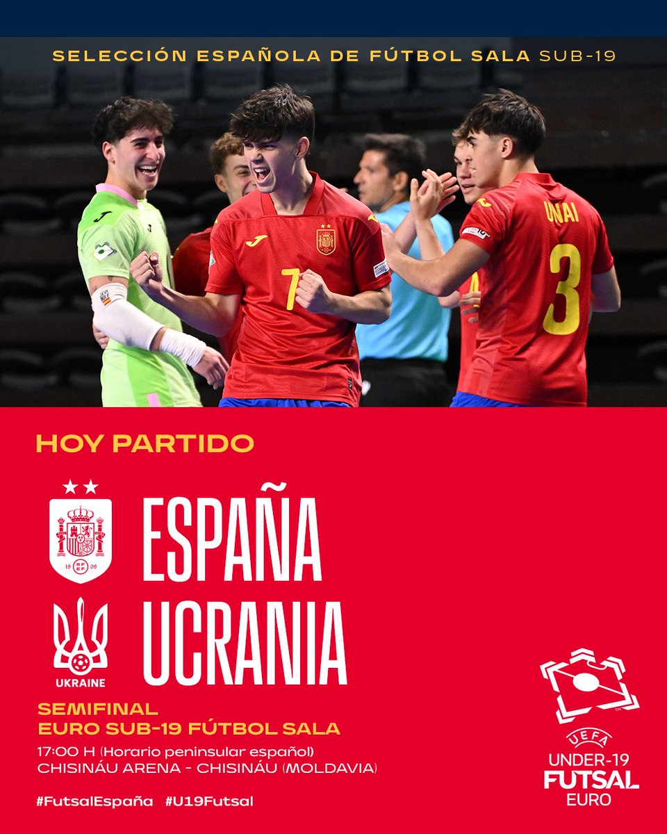 🚨 ¡𝗛𝗼𝘆 𝘁𝗲𝗻𝗲𝗺𝗼𝘀 𝘂𝗻𝗮 𝘀𝗲𝗺𝗶𝗳𝗶𝗻𝗮𝗹!

🆚 Ucrania 🇺🇦
📍 Chisináu (Moldavia)
🏟️ Chisináu Arena
⏰ 17:00 hora peninsular española
📺 UEFA.tv

#FutsalEspaña | #NuestraBase | #U19Futsal