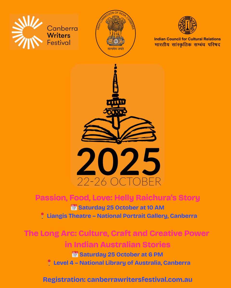 Canberra Writers Festival!
Join us for engaging panels that bring Indian stories to life.
🍛: Passion, Food, Love – Helly Raichura’s Story
 🎤: The Long Arc – Culture, Craft &amp; Creative Power in Indian Australian Stories
 🎟️ Register now: canberrawritersfestival.com.au
<a href="/HCICanberra/">India in Australia</a>