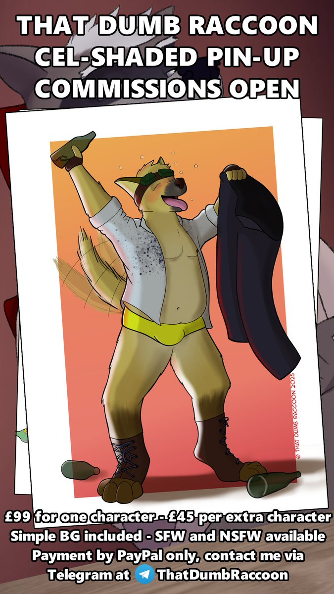 ThatDumbRaccoon's tweet image. 🥳 CEL-SHADED COMMISSIONS ARE OPEN!! 🥳

I'm accepting commissions of cel-shaded digital illustrations of your characters.

These can be SFW or NSFW. Your character will be against a simple geometric background, alternatives will incur an extra cost.

Paypal only, one character…