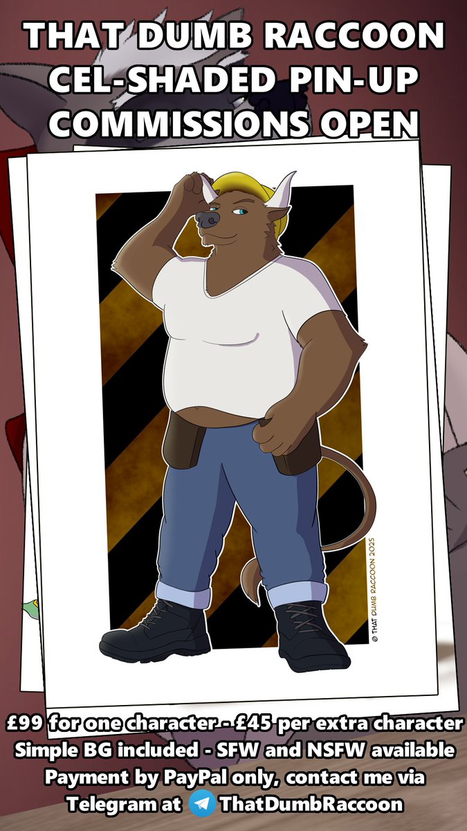 ThatDumbRaccoon's tweet image. 🥳 CEL-SHADED COMMISSIONS ARE OPEN!! 🥳

I'm accepting commissions of cel-shaded digital illustrations of your characters.

These can be SFW or NSFW. Your character will be against a simple geometric background, alternatives will incur an extra cost.

Paypal only, one character…
