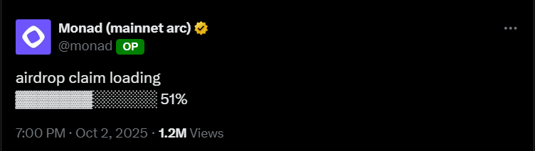 Monad airdrop claim: 51% loading.
Are we about to witness the biggest mainnet launch since ETH? 👀
<a href="/monad/">Monad (mainnet arc)</a>