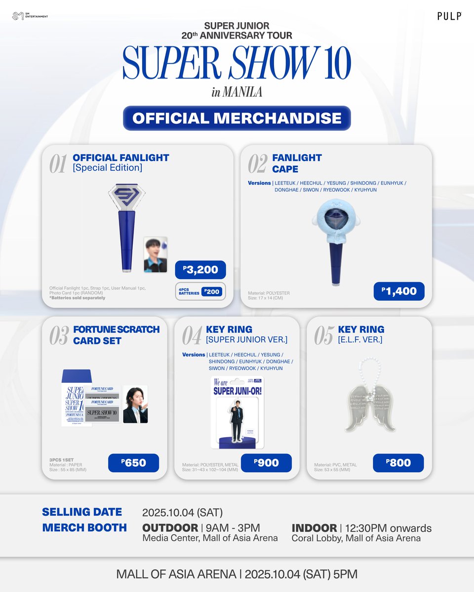The SUPER JUNIOR 20th Anniversary TOUR <SUPER SHOW 10> in MANILA official merchandise will also be available at the venue! 😍

🗓 October 4, 2025 (SAT)
⏰ 9AM–3PM PHT at the Media Center, Mall of Asia Arena
⏰ 12:30PM onwards at the Coral Lobby, Mall of Asia Arena

Don’t miss