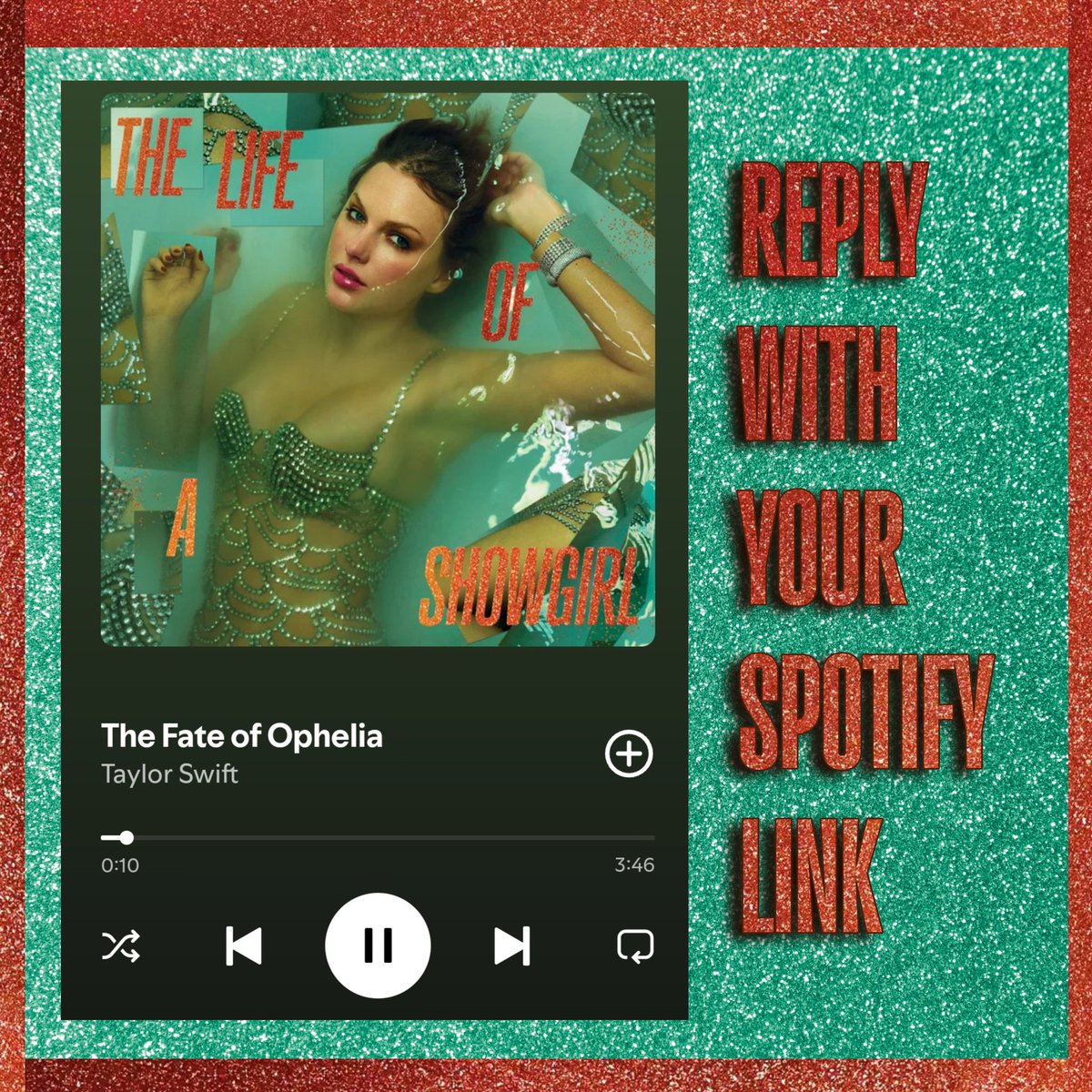 KimFurrii's tweet photo. ❤️‍🔥 SWIFTIES STREAM CHECK❤️‍🔥

Reply with your Spotify link of 'The Fate Of Ophelia'. It helps increasing the reach, we have to BREAK Fortnight record

Goal: 150+ Replies🎯 https://t.co/EfTUxq5KPm