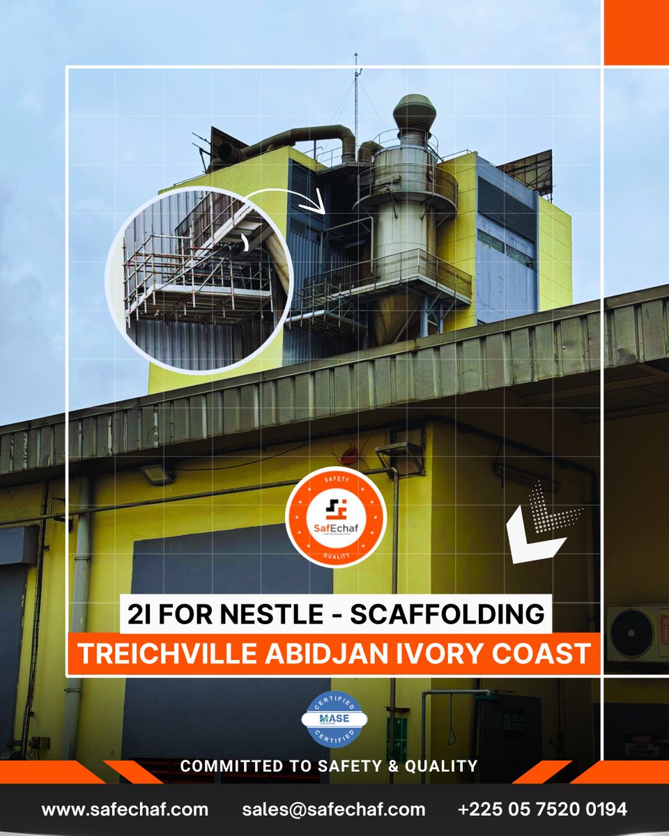 safechaf's tweet image. 🔧🏢 @safechaf  is proud to deliver safe, reliable, and certified scaffolding solutions for Nestlé – Treichville, Abidjan, Ivory Coast.
We remain committed to safety, quality, and precision in every project worldwide. 🌍✅

#SafEChaf #ScaffoldingSolutions #SafetyFirst