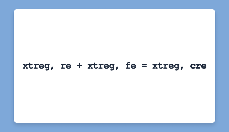 New in #Stata19 – Correlated random-effects model using the new #cre option for #xtreg in <a href="/Stata/">Stata</a>. Estimate coefficients for time-invariant regressors while getting the same coefficients for time-variant regressors as from a fixed effects model. youtube.com/watch?v=86Osyx…