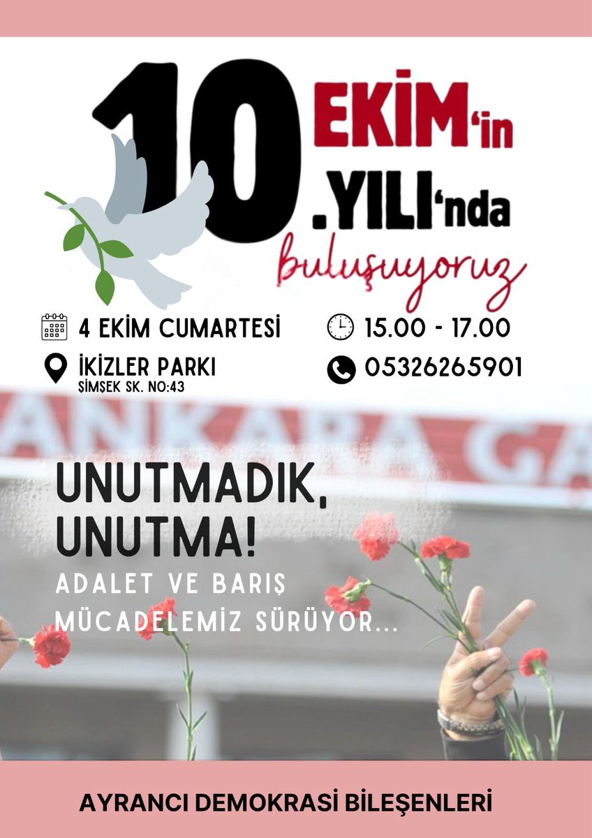 DEMankara's tweet photo. #10EkimAnkaraKatliamı 10 Ekim 2015 
10.yılında buluşuyoruz ….
📣4 Ekim Cumartesi 
📣ikizler parkı https://t.co/YW926nBUl2